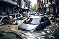 Flooding in an european country, destroyed furniture and cars floating in the water Royalty Free Stock Photo