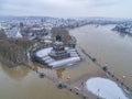 Flooding high water Koblenz Germany historic monument German Corner winter where rivers rhine and mosele flow together Royalty Free Stock Photo