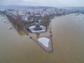 Flooding high water Koblenz Germany historic monument German Corner winter where rivers rhine and mosele flow together Royalty Free Stock Photo