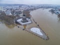 Flooding high water Koblenz Germany historic monument German Corner winter where rivers rhine and mosele flow together Royalty Free Stock Photo