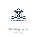 Flooding house icon. Thin linear flooding house outline icon isolated on white background from meteorology collection. Line vector