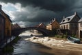 Flooding River: Muddy, Turbulent Waters Engulfing the Town, Bridge Partially Submerged, Houses in Panic