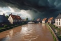 Flooding River: Muddy, Turbulent Waters Engulfing the Town, Bridge Partially Submerged, Houses in Panic