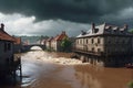 Flooding River: Muddy, Turbulent Waters Engulfing the Town, Bridge Partially Submerged, Houses in Panic