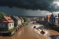 Flooding River: Muddy, Turbulent Waters Engulfing the Town, Bridge Partially Submerged, Houses in Panic