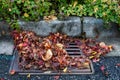 Flooding threat, fall leaves clogging a storm drain on a wet day, street and curb Royalty Free Stock Photo