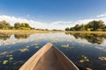 Dugout trip in Botswana. Canoe tour through flooded Okavango Delta, Botswana