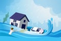 Flooding wave from raining storm typhoon take away house, car and flood victim in city. Nature disaster, Tsunami and catastrophic