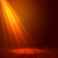 Floodlight spotlight illuminates wooden scene. Flash light on stage. Presenatation or performance background vector illustration. Royalty Free Stock Photo