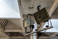 Floodlights attached to a steel frame. Horizontal view of yellow Royalty Free Stock Photo