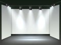 Floodlights gallery hall. Realistic museum exhibition, blank mockup, white walls, studio spotlights, front view interior