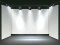 Floodlights gallery hall. Realistic museum exhibition, blank mockup, white walls, studio spotlights, front view interior, empty