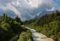 Floodwater running through valley in Dolomites
