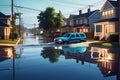 Floodwaters Rising Against the Gradient of a Suburban Street: Cars Partially Submerged, Households in Crisis