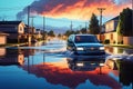 Floodwaters Rising Against the Gradient of a Suburban Street: Cars Partially Submerged, Households in Crisis Royalty Free Stock Photo