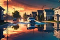Floodwaters Rising Against the Gradient of a Suburban Street: Cars Partially Submerged, Households in Crisis Royalty Free Stock Photo
