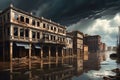 Floodwaters Surge Around Crumbling Buildings: Debris Swirling in the Murky Depths Delineate Structural Decay