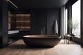 home bathtub luxury black wood bathroom modern design furniture interior light. Generative AI. Royalty Free Stock Photo