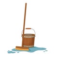 Floor brush with a wooden handle and an old bucket full of water. Cleaning illustration. Cartoon style. Royalty Free Stock Photo