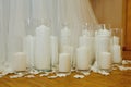 Floor candles in glass flasks. Elegance wedding decor. Selective focus Royalty Free Stock Photo