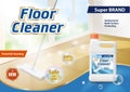 Floor cleaner ads, disinfection and cleaning agent product package, mop and clean shiny floor on 3d realistic concept