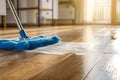 Floor cleaning with mob and cleanser foam. Cleaning tools on parquet floor. The image is generated with the use of an AI. Royalty Free Stock Photo