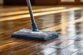 Floor cleaning with mob and cleanser foam. Cleaning tools on parquet floor. The image is generated with the use of an AI. Royalty Free Stock Photo