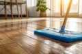 Floor cleaning with mob and cleanser foam. Cleaning tools on parquet floor. The image is generated with the use of an AI. Royalty Free Stock Photo