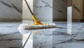 Floor Cleaning with Mop and Cleaning Foam on White Marble Floor - Generative Ai Royalty Free Stock Photo