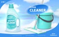 Floor cleaning product poster with realistic mop and bucket with foam. Surface cleaner bottle with bubbles, floor