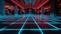 The floor is covered in a neon grid pattern reminiscent of the iconic Tron game