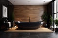 wall modern bathtub interior bathroom furniture wood home design black luxury. Generative AI. Royalty Free Stock Photo