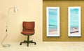 Floor lamp against light beige wall with window frame reveal sea view landscapes. Vacation concept Royalty Free Stock Photo