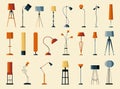 Floor lamp collection. Elegant modern classic silhouette, cartoon room interior design with light bulbs. Vector set