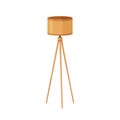 Floor lamp with drum shade and wooden legs. Electric light, home decoration with high wood tripod, lampshade. Home