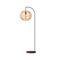 Floor lamp with rattan wicker shade, tall metal leg in modern boho style. Electric lightbulb, woven lampshade, interior