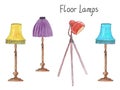 Floor lamps collection. Watercolor sketchy illustrative set of yellow, blue, red and green lampshades with fringe, tripod lamp