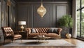 A floor light and a capitone brown leather chester sofa with a modern, classic black decor Royalty Free Stock Photo