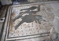 Floor mosaic with -Beware of the dog-warning at the ancient Roman city of Pompeii, which was destroyed and buried by ash during Royalty Free Stock Photo