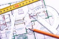 Floor plan and architect's tools Royalty Free Stock Photo