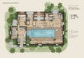 Floor plan for the Fredyor Suite Roven features a central swimming pool surrounded Royalty Free Stock Photo
