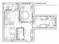 Floor plan with furniture in top view. Architectural set of furniture thin line icons. Detailed project of the modern apartment.