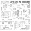 Floor plan icons set for design interior and architectural project view from above. Furniture thin line icon in top view for lay