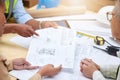 Floor plan, meeting or hands of civil engineering team planning a building or construction architecture. Teamwork Royalty Free Stock Photo