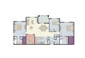 Floor plan of three bedroom condo with furniture