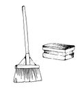 Floor plastic broom and sponge, hand drawn vector illustration of cleaning tools Royalty Free Stock Photo