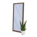 Floor-standing large rectangular mirror with a potted flower in a flat style isolated on a white background.