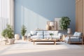 blue wall room interior modern furniture apartment home style sofa design. Generative AI. Royalty Free Stock Photo