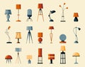 Floor and table lamps. Desk and loft electric light with bulb, room illumination equipment cartoon flat style. Vector Royalty Free Stock Photo