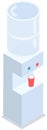 Floor water cooler with glass holder for office and home. Plastic bottle, beverage. Water dispenser